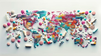 A colorful map of the world made out of different colored pills. The World of medicine, white...