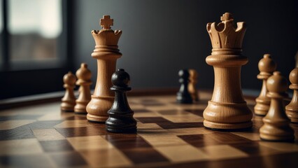 A king chess piece and chess pieces on the table on dark background - obrazy, fototapety, plakaty
