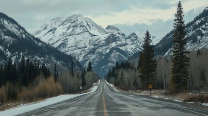 The highway stretches out in front a ribbon of grey surrounded by towering mountains dusted with snow and speckled with evergreens. . AI generation.