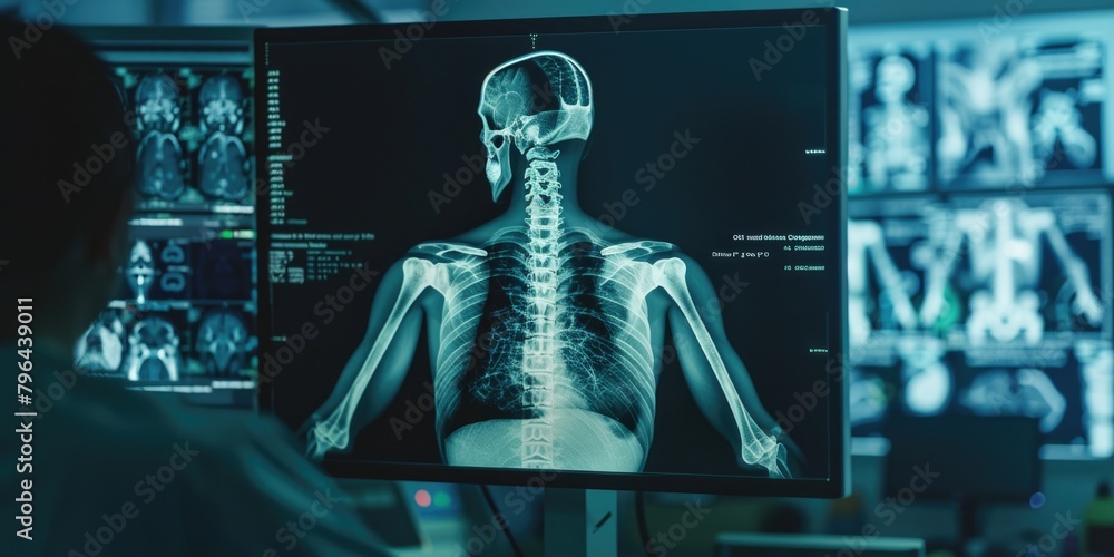 Poster person looking at a computer screen displaying a skeleton, suitable for halloween or medical concept