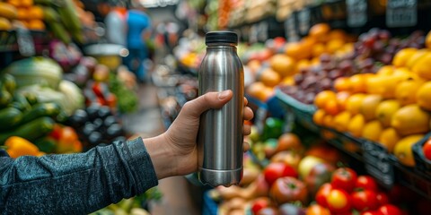 A hand holding a stainless steel water bottle in a grocery store