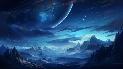 A beautiful painting of a blue alien landscape with mountains and a crescent moon.