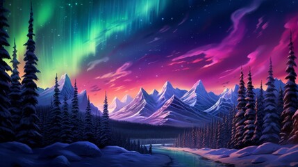A beautiful winter landscape with snow-capped mountains, a frozen river, and a colorful aurora borealis in the night sky.