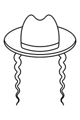 Hat with curls. Sketch. Jewish headdress with sidelocks at the temples. Vector illustration. Outline on isolated background. Coloring book for children. Doodle style. The bowler hat.