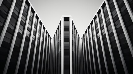 A black and white photo of a tall building with a geometric pattern.