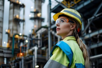 Woman in safety gear at industrial site symbolizing empowerment and workplace equality. Concept Empowerment, Workplace Equality, Safety Gear, Industrial Site, Woman
