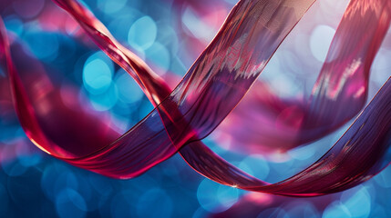Ethereal ribbons of garnet and maroon flowing in azure and cerulean bokeh. - obrazy, fototapety, plakaty