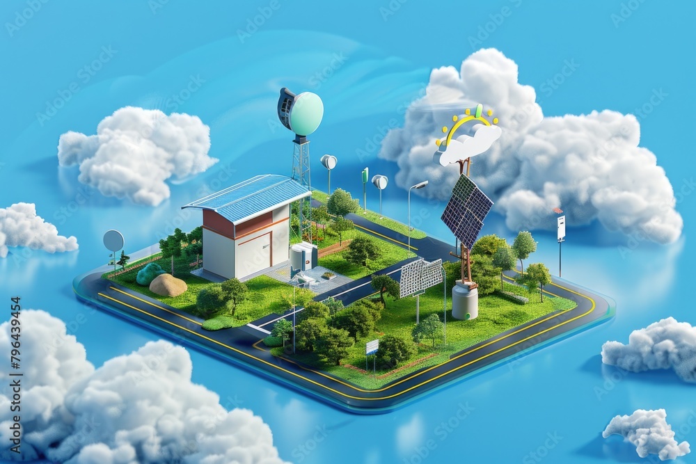Poster a small house nestled among clouds and trees. suitable for various design projects