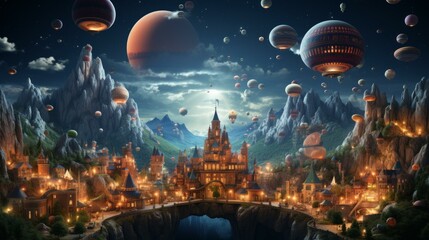 b'Fantasy city with airships flying over a mountain valley' - obrazy, fototapety, plakaty