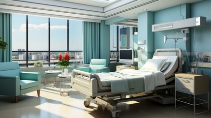 Fototapeta na wymiar b'A hospital room with a bed, a chair, and a table'