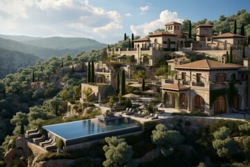 Fototapeta na wymiar b'A stunning view of a luxurious Mediterranean villa with pool and cypress trees'