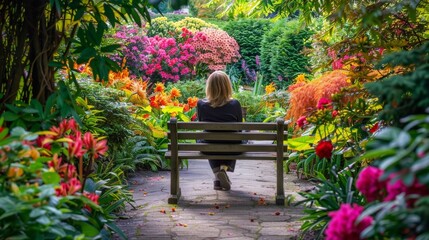 A woman sits on a wooden bench in a lush garden back to the camera as admires the vibrant colors of the flowers and the beauty . .