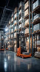 b'A warehouse with forklifts and shelves full of boxes' - obrazy, fototapety, plakaty