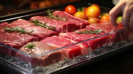 b'Raw steaks with rosemary and tomatoes'