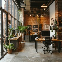 b'workspace with brick walls and large windows' - obrazy, fototapety, plakaty