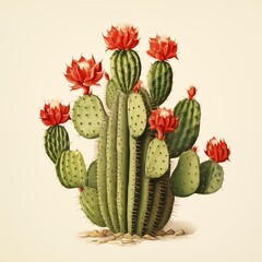 Vintage Botanical Illustration of a Flowering Green Cactus with Red Blooms