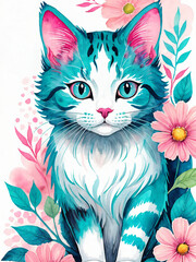 Cute floral cat Generative AI illustration 

