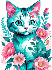 Cute floral cat Generative AI illustration 

