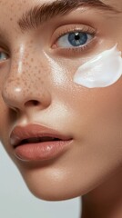 Close-up cropped portrait of a young beautiful Caucasian woman with freckles, healthy radiant skin, white Cream smear, Anti-aging Skin Care on her face looking at the camera on a white background.