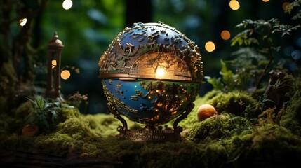 b'A magical globe sits on a bed of moss in a mystical forest'
