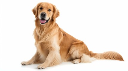 b'A Golden Retriever sits on a white background'