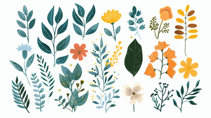 Hand drawn leaves and flowers collection isolated element 