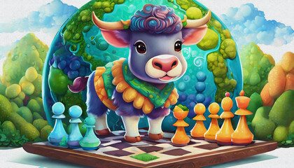 oil painting style CARTOON CHARACTER CUTE baby buffalo in game of chess,