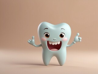 On a gentle pastel background, a 3D cartoon tooth character greets the viewer with a playful wave. The tooth's.