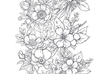 Fototapeta premium Boutonniere of wild rose flowers and berries Seamless pattern, background. Outline hand drawing vector illustration. In botanical style