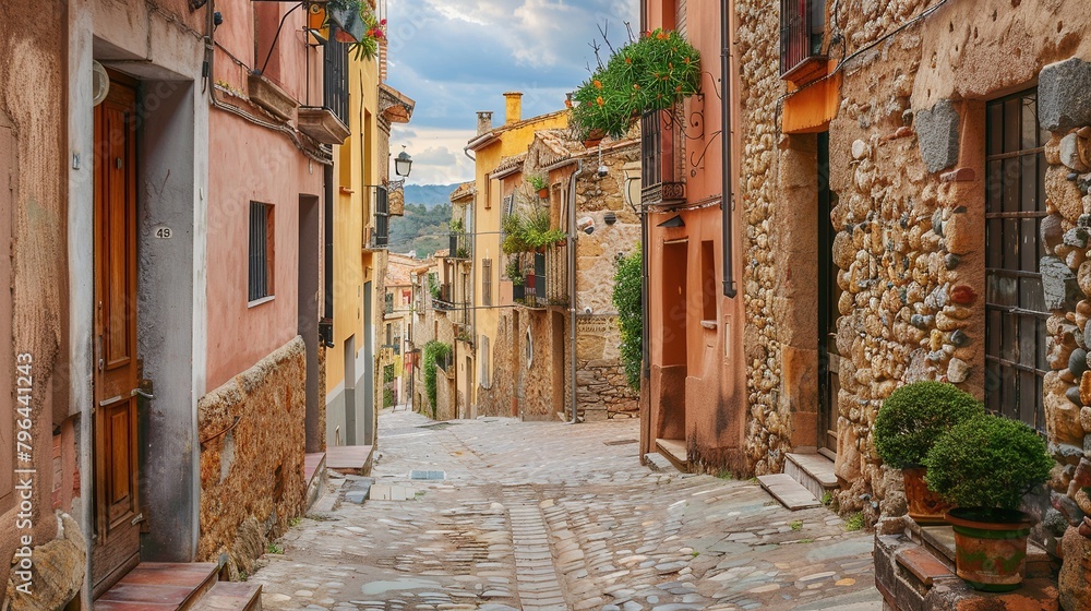 Sticker Medieval old spanish or italy village street, terracotta colors, narrow streets