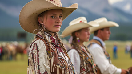 Cowboy dancers perform in distinctive costumes and Stetson hats at the Calgary Stampede festival,...