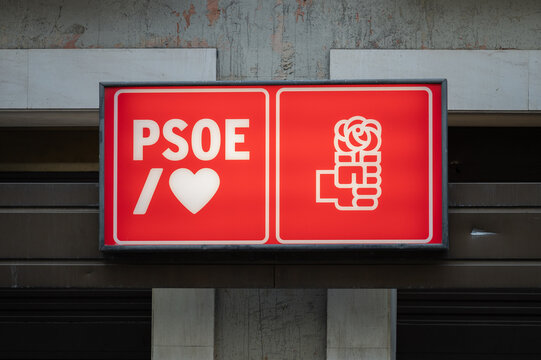 Logo at the entrance to the PSOE (Spanish Socialist Workers' Party) party Headquarters on the 25th of April of 2024, in Madrid, Spain