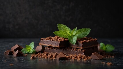 A few cubes of black chocolate with mint leaves on wooden table