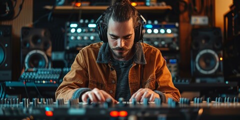 Obraz premium Male audio engineer working at a mixing console in a recording studio