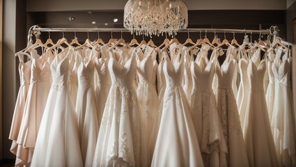A row of wedding dresses hangs on a rack in a bridal shop.