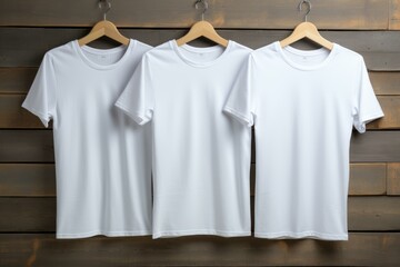 b'Three white T-shirts hanging on a wooden rack'