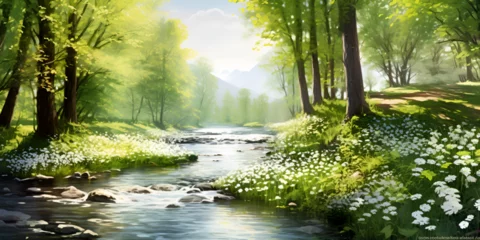  A tranquil river gently flowing through a green landscape background  © Pink