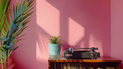 Record player with vinyl disk on table near pink wall - Powered by Adobe