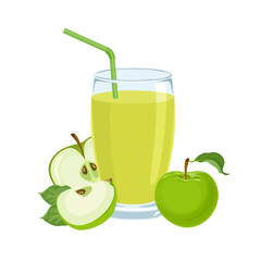 Green apple juice in glass isolated on white background. Fresh fruit drink. Vector cartoon illustration.