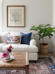 b'A living room with a white sofa, coffee table, and potted tree'