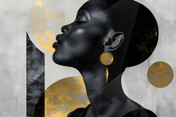 Beautiful African American woman with black hair and gold earrings. Textured trendy collage art. Modern poster for wall art.