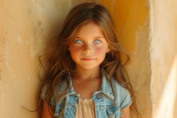 b'Portrait of a beautiful young girl with long brown hair and blue eyes wearing a denim jacket'