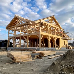 Wooden frame construction with truss, posts, and beams for a new house made of wood