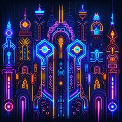 b'A digital artwork of a neon city with glowing patterns and intricate details'
