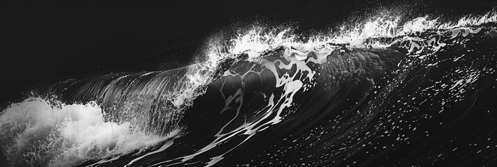 Monochrome sea waves breaking on a black background