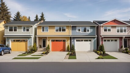 This is a photo of a row of four two-story townhomes. The townhouses are all the same basic design,