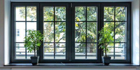 Black framed windows with plants on the windowsill