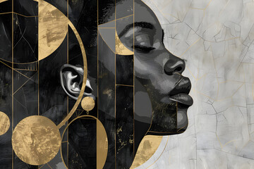 A painting depicting a African woman's face with shimmering gold details accents adding a luxurious touch to the artwork.