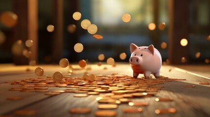 b'3D rendering of a pink piggy bank with coins falling around it'