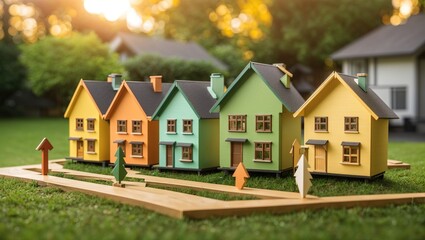 A group of colorful toy houses are arranged in a row on a grassy field. The houses are mostly green, with one brown house and one yellow house. The houses have different styles and shapes. - obrazy, fototapety, plakaty